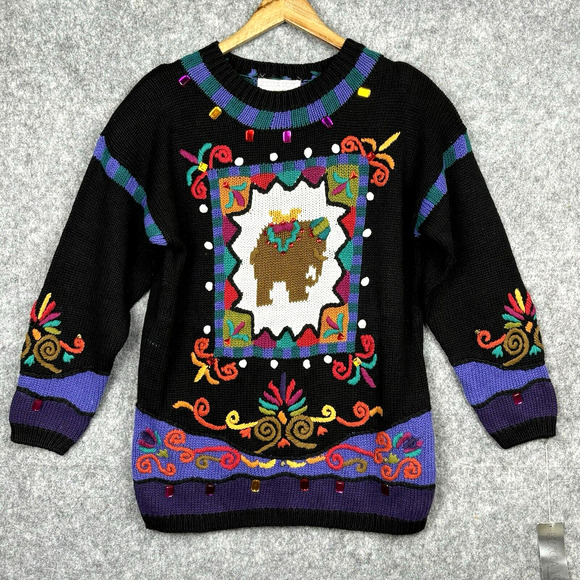 Vintage 80s Womens Embroidered Elephant 3-D Sweater Size M Rhinestones Eclectic - Picture 1 of 13